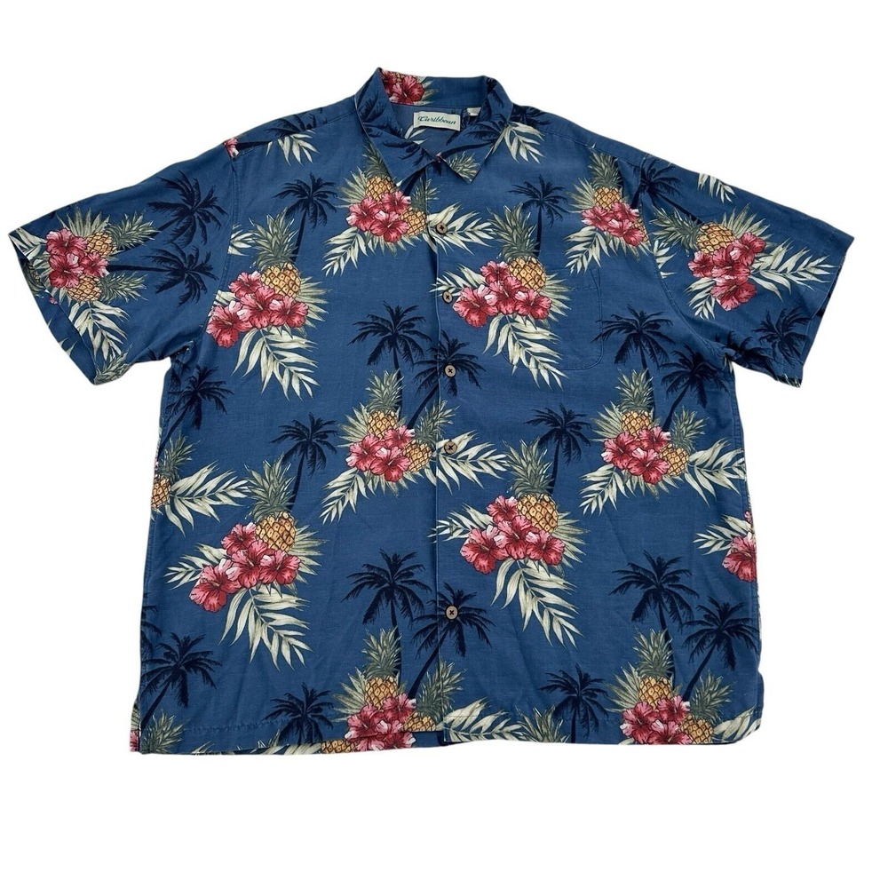 Caribbean Mens XL Blue Pineapple Hibiscus Palm Tree Tropical Modal Blend Shirt